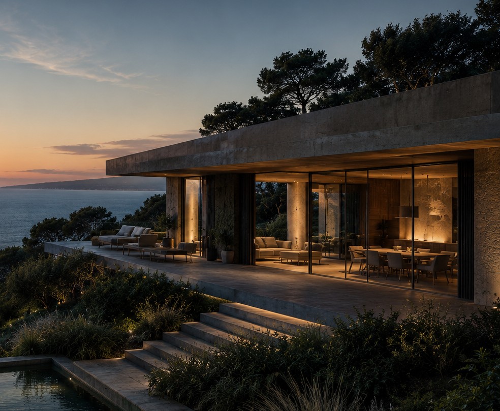 Casa Acantilados, vivienda contemporánea al atardecer